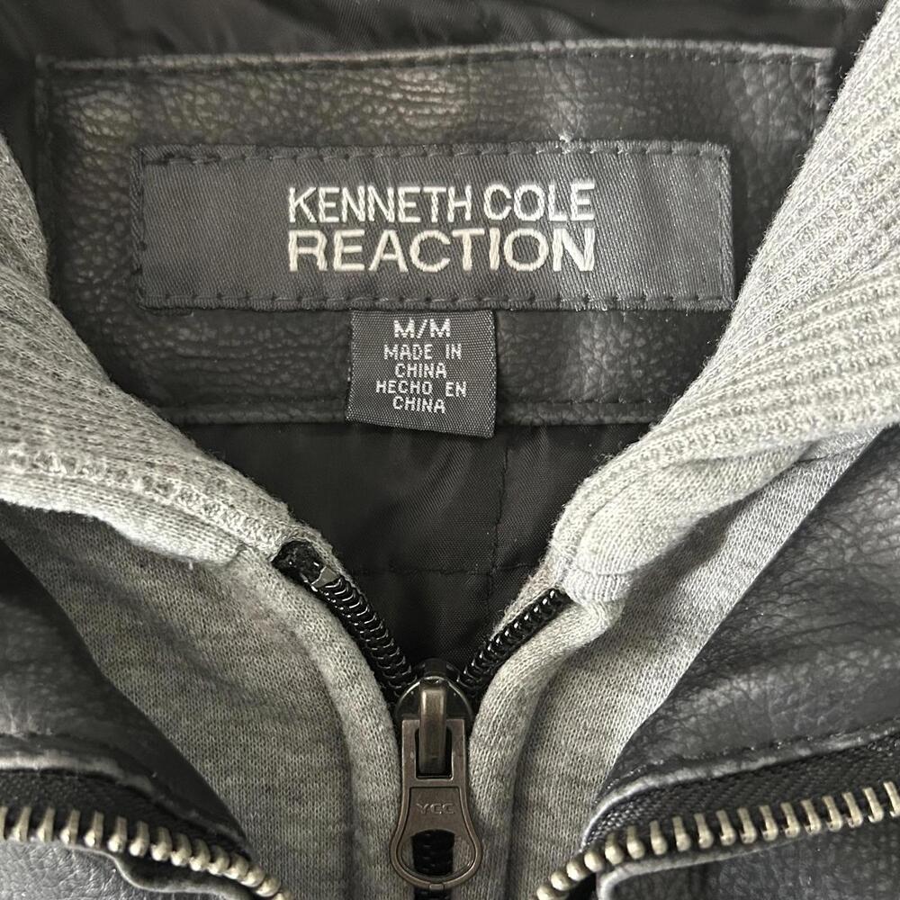 KENNETH COLE Vintage Mens M/L Black Bomber Moto Jacket w/ Zip-Out Fleece Hood - Picture 6 of 9